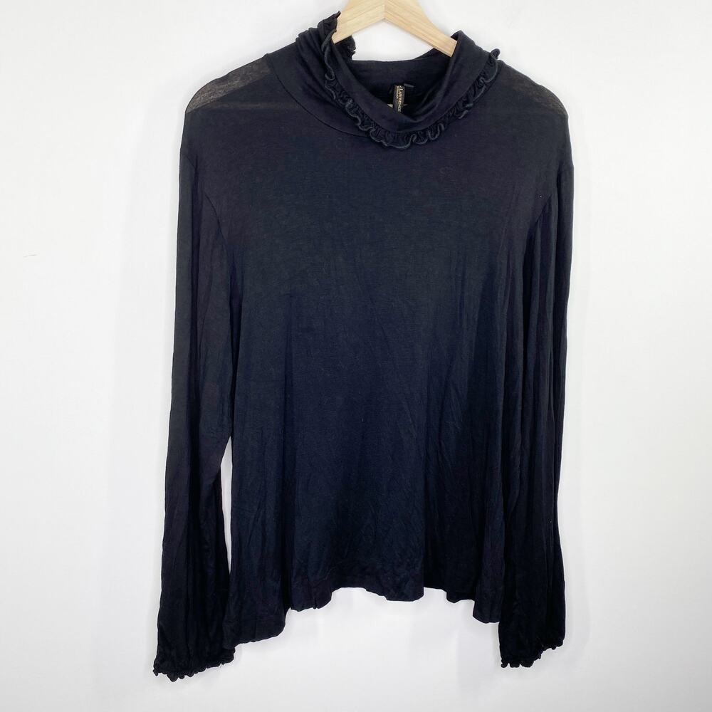 Susan‎ Lawrence Top Women 2X Solid Black Long Sleeve Lettuce Trim Rayon Stretch